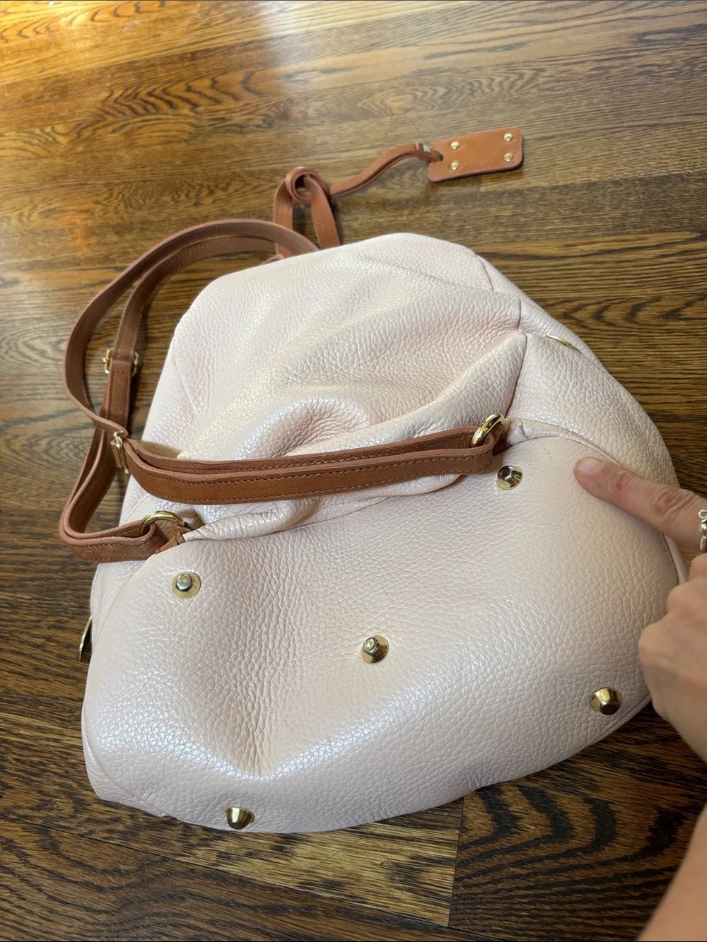 Blush Pink soft Leather Drawstring Multi Backpack w Tan Trim Valentina Italia